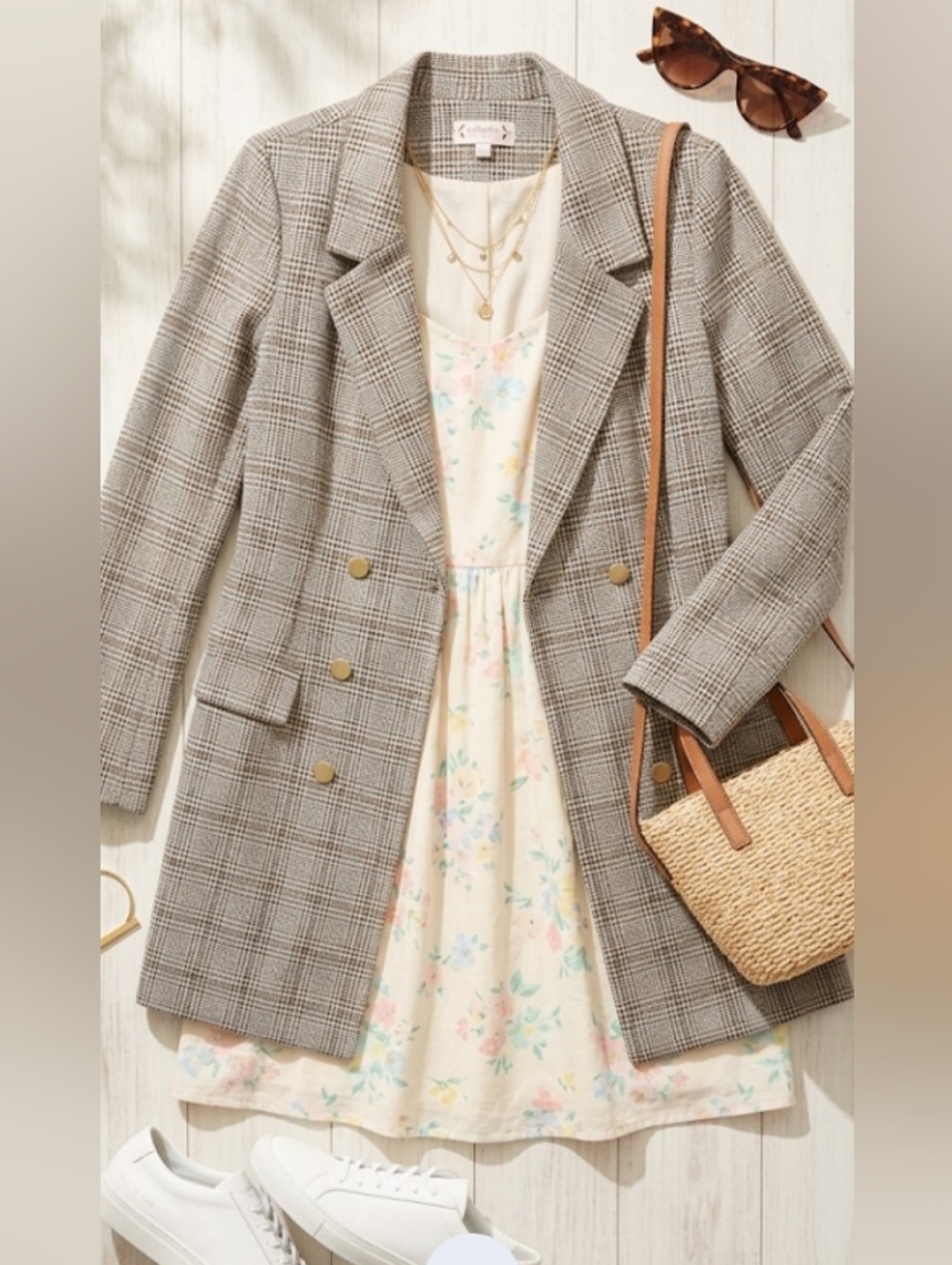 Nanette Lepore Glen Plaid Double-Breasted Blazer in Gray and Cream